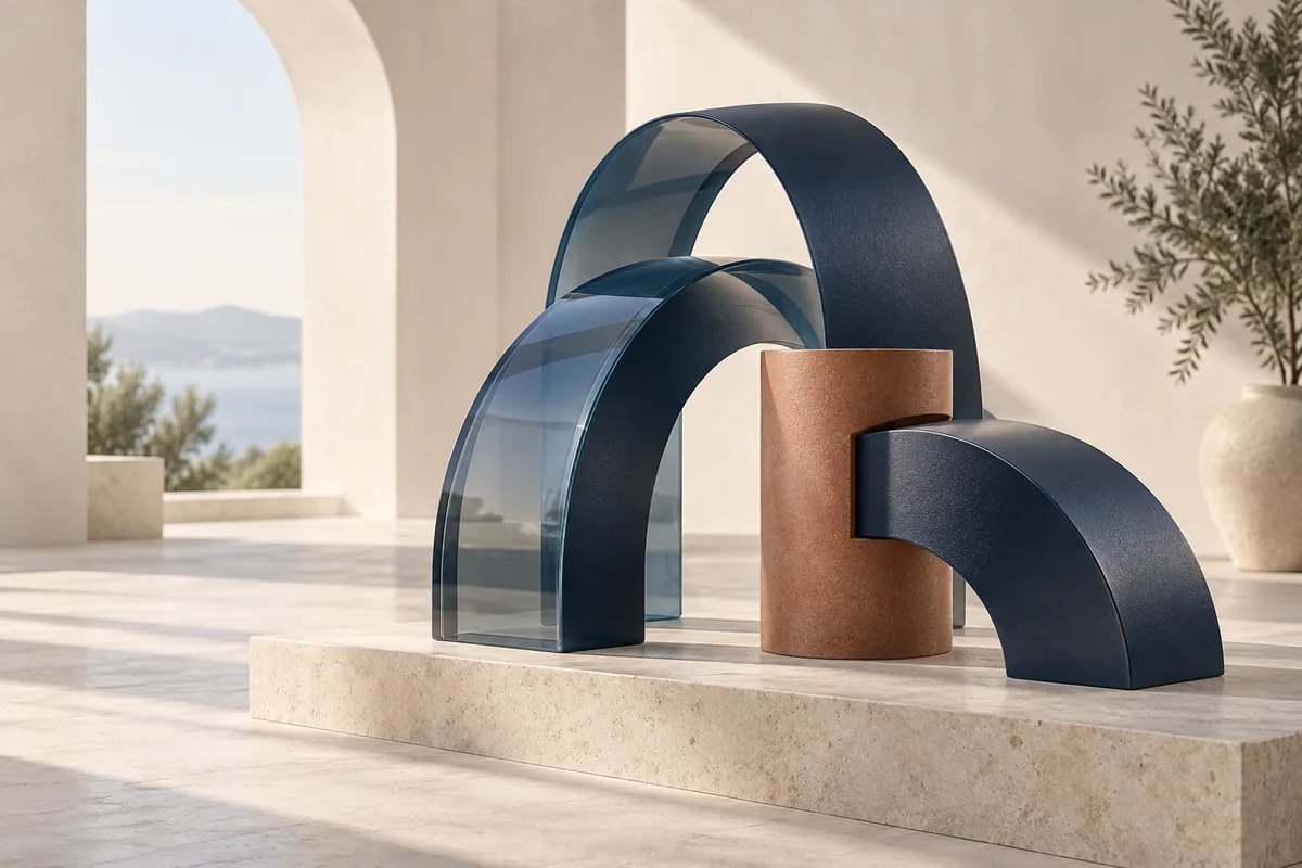 Sculptural illustration of connected navy structures and translucent glass